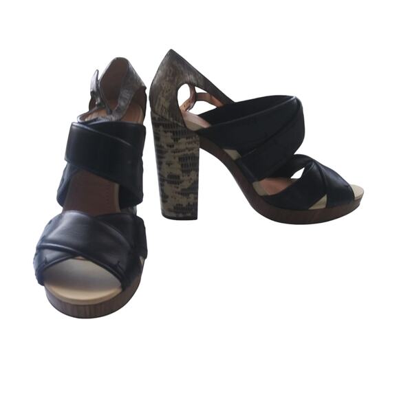 Reed Krakoff Black and Tan Snake Skin Leather Block Heels Edgy Contemporary Sz 9 - Picture 1 of 14